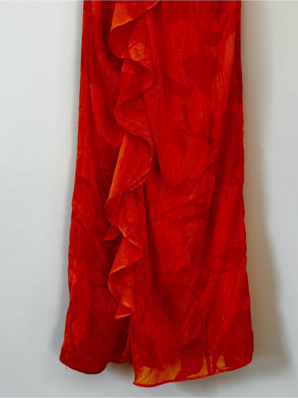 Taylor One Shoulder Shimmer Ruffle Midi Dress, Orange Floral – Size 2 - Picture 5 of 7